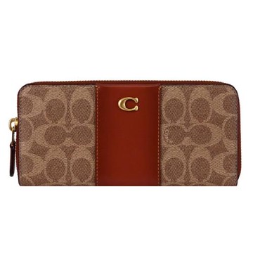 COACH CS031 經典C LOGO撞色花紋ㄇ字拉鍊長夾.駝/紅棕