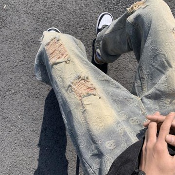 夏季新款破洞牛仔褲男美式高街vibe復古做舊直筒寬松腰果花長褲子