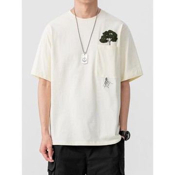 LAZY DAY原創男裝松樹圖案毛巾繡T恤男士夏季寬松百搭短袖上衣潮