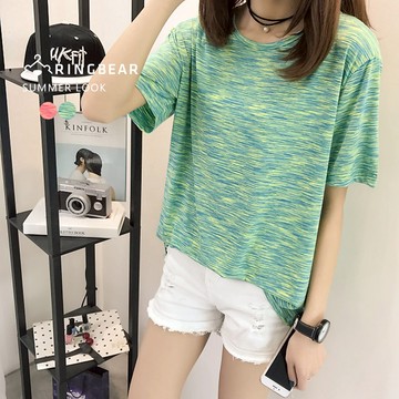 T恤--夏日涼感線性紋路漸層運動休閒超彈性短袖上衣(紅.綠XL-5L)-T256眼圈熊中大尺碼