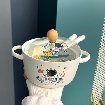 韓式卡通高顏值星球雙耳泡面碗陶瓷帶蓋學生宿舍圓形湯碗方便面碗