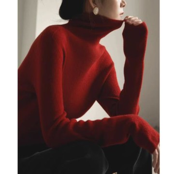 復古紅色毛衣女士秋冬堆堆高領羊毛針織打底衫冬季款修身內搭上衣