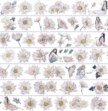 柔霧粉 ピンクの菊 やさしい少女 PET 和紙膠帶 10米卷 kiss-cut