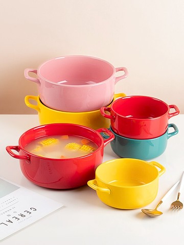 墨色亮光雙耳湯碗大號家用湯盆陶瓷創意大容量泡面碗北歐個性餐具