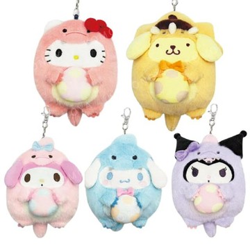 小禮堂 Sanrio 三麗鷗 絨毛造型伸縮票卡零錢包(恐龍裝扮款) Kitty 布丁狗 大耳狗
