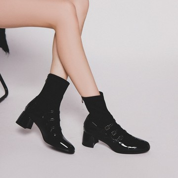 【經典熱銷】優雅小姐  時髦襪套感瑪莉珍短靴 漆黑 (8E2975)