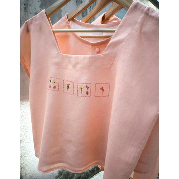 刺繡 | 亞麻 | 方領上衣 蜜桃色