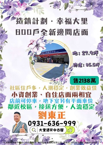 造鎮計劃800戶幸福大里全新邊間店面附平面車位｜台中市大里區健民段
