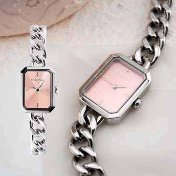 Relax Time 女神系長方形手鍊女錶 手錶-銀×粉/22mm RT-109-2-05