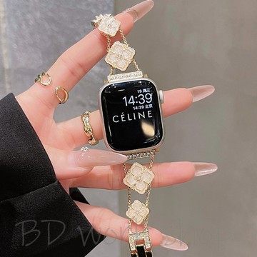新款 四葉花手鏈式金屬錶帶 適用 Apple Watch 10 錶帶 s10 9 8 7 6 5蘋果手錶錶帶 蘋果錶帶