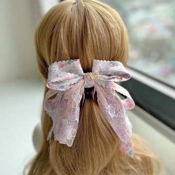 獨家立體蕾絲蝴蝶結相交夾香蕉夾仙女夾髮夾-灰粉色