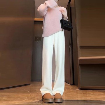 加厚加絨白色褲子女秋冬款2025新款垂感小個子直筒窄版休閑闊腿褲