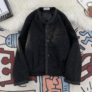 輕奢高級感小香風外套男士韓版潮流時髦亮絲呢子短款上衣紐扣夾克