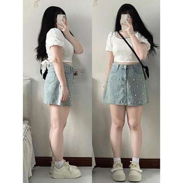 300斤胖mm珍珠牛仔半身裙女夏季2025新款裙子大碼女裝顯瘦a字短裙