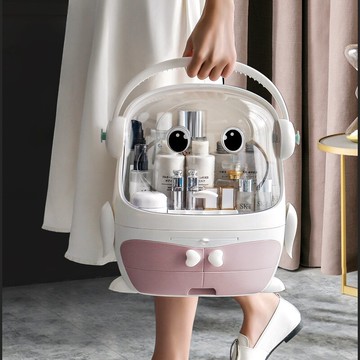 抽屜式化妝品收納盒家用多功能帶鏡子整理盒手提桌面企鵝化妝箱