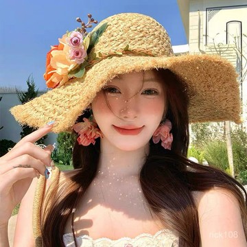 海邊度假🌟 大簷草帽女2025新款夏季花朵帽子海邊度假沙灘帽大帽簷遮陽防曬帽沙灘帽 防曬帽