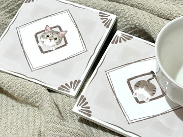 花磚躲貓貓杯墊 虎斑屁屁組 | 婚禮小物 陶瓷 立體花紋