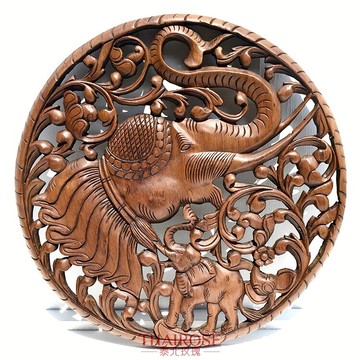 泰國柚木雕花板 60cm圓形 大象頭子母象 泰北玫瑰樣式全可1入