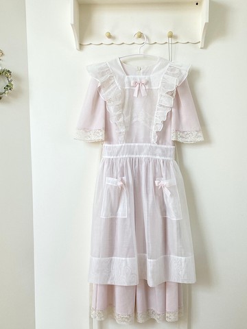 白色紗網罩裙 vintage復古套裝 真絲絲帶 手工罩裙