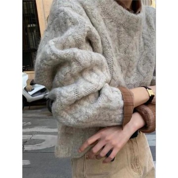 落日橘！秋冬高級感日系復古寬松慵懶風圓領粗毛線外穿麻花毛衣女