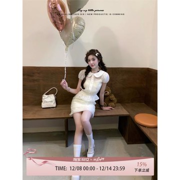 花鈴太太學院風裙子粉色娃娃領蕾絲素褶收腰連衣裙女夏季套裝甜美