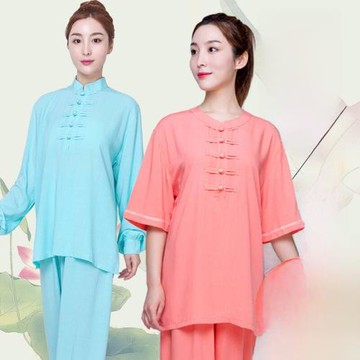小和山太極服女長袖春秋中老年太極拳服裝練功服亞麻棉麻短袖夏季