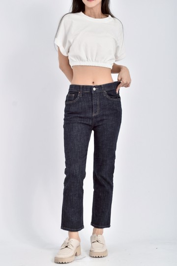 (M) pi2韓牌高腰丹寧牛仔質感棉質深藍色長褲