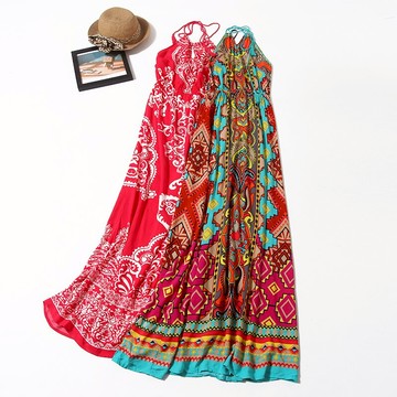 夏款 外貿韓版女時尚百搭吊帶印花圓領掛脖  連衣裙中長裙R48\U35