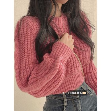 設計感小眾圓領套頭毛衣女冬季2025新款收腰小個子短款針織衫上衣