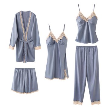 維秘蜜語 性感長袖睡衣女夏 冰絲吊帶睡裙短褲絲綢五件套裝家居服
