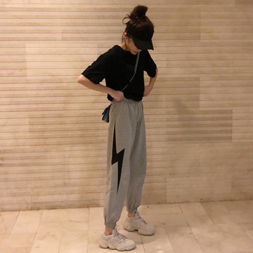 直筒褲運動褲女寬松束腳設計感高街潮顯瘦百搭港風褲子時尚百搭春秋新款