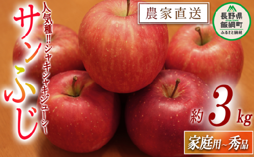 りんご サンふじ 家庭用 〜 秀 3kg やまじゅうファーム 沖縄県への配送不可 2023年11月下旬頃から2023年12月中旬頃まで順次発送予定 令和5年度収穫分 信州の環境にやさしい農産物 減農薬栽培 長野県 飯綱町 [1541]