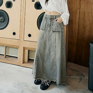 率性不收邊抽鬚傘襬牛仔長裙-OB嚴選