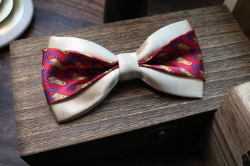 香槟色真丝拼接印花领结时尚英伦蝴蝶结