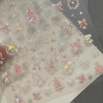 💗台灣出貨💗粉色聖誕貝殼光美甲貼紙浮雕立體聖誕樹美甲仙女指甲輕奢高階顯白