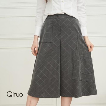 【Qiruo 奇若】秋冬專櫃精品灰格裙8190B 不規則剪裁