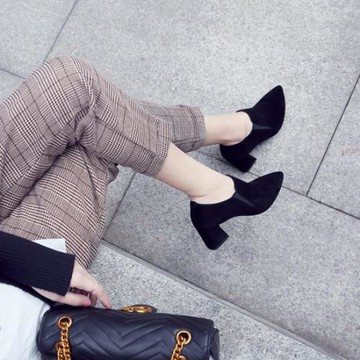 韓版磨砂深口單鞋女粗跟尖頭2024春秋新款真皮中跟女鞋百搭高跟鞋