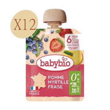 【法國Babybio】生機蘋果藍莓草莓纖果泥90gX12