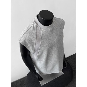 美式解構拼接重磅背心男夏季小領口無袖t恤cleanfit運動坎肩上衣