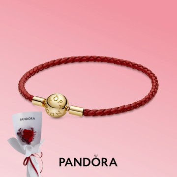 [客製化卡片]月老牽紅線💞【Pandora官方直營】Moments 紅色皮革手鏈-鍍18K金+花束💐｜好人緣。戀愛運。桃花緣。招財