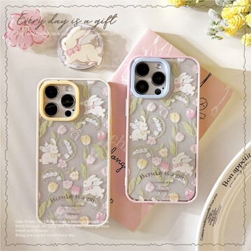 Twinko💗[CA1858]❥獨家設計 法式花園鬱金香兔兔-粉嫩配色邊條手機殼/客製化姓名iPhone15 14 13