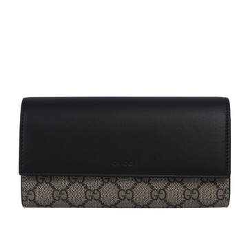 GUCCI GG Supreme 塗層帆布及皮革二折翻蓋長夾(米色/黑色)