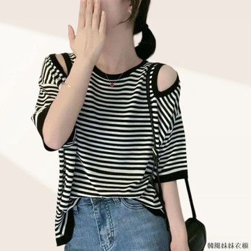 M-3XL 150公斤特大碼女裝  大尺碼上衣 露肩上衣 設計感別致減齡條紋拼接女裝夏季T恤上衣