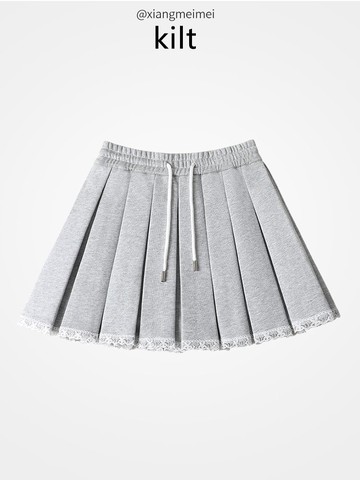 【臺灣公司 可打統編】免運 百褶裙 JK 2025春秋夏新款蕾絲花邊抽繩半身裙女小個子防走光灰色百褶短裙子 可開發票 全館五折 工廠現貨直銷 新品特價 z10071