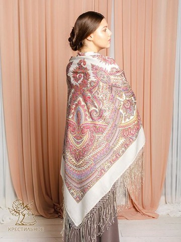 Pavlovo Posad 俄羅斯披肩 100% 羊毛圍巾 148x148 厘米絲綢流蘇 1290-2