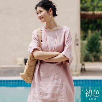 初色 日系棉麻風圓領五分袖寬鬆收腰綁帶中長款T恤女上衣-共2色-50381(M-2XL可選)