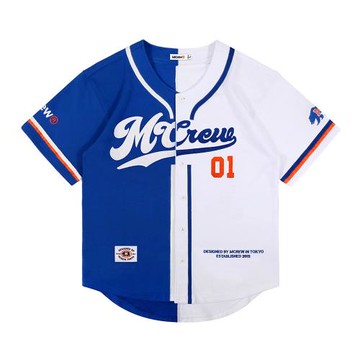 MCREW 字母繡花藍白拼色男女休閑運動短袖棒球開衫寬松夾克外套