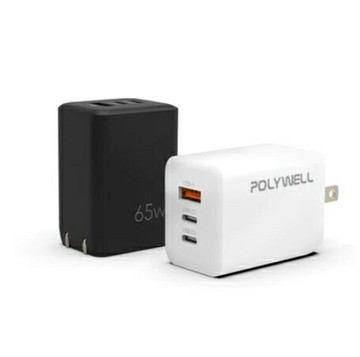 強強滾優選~ POLYWELL 65W三孔PD快充頭 雙USB-C+USB-A充電器 GaN氮化鎵寶利威爾台灣現貨