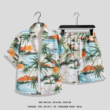 【臺灣出貨】夏季男速幹短袖花襯衫套裝 夏威夷清爽涼感沙灘服 寬鬆休閒兩件套 外穿五分褲