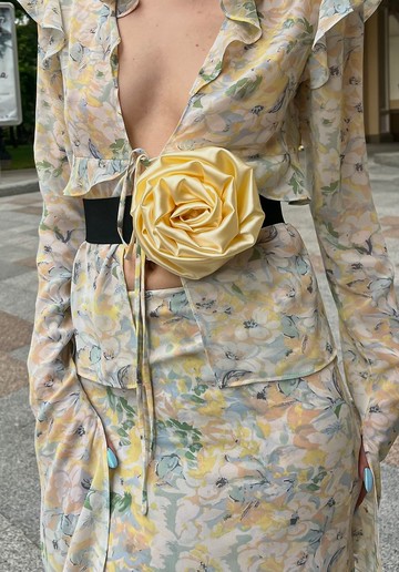 浪漫派對黃色花朵腰帶 - 女士大花寬版高彈性腰帶